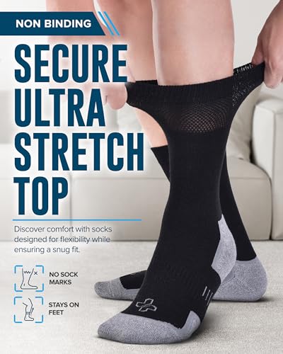 Doctor's Select Black Diabetic Socks for Men - 6 Pairs Crew Stretch Top | Moisture Wicking Neuropathy Socks | OEKO-TEX C